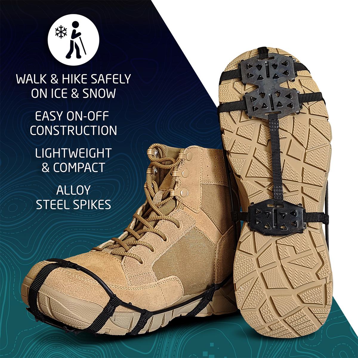Action Traction Hiking Crampons — sole view showing midfoot and forefoot spikes